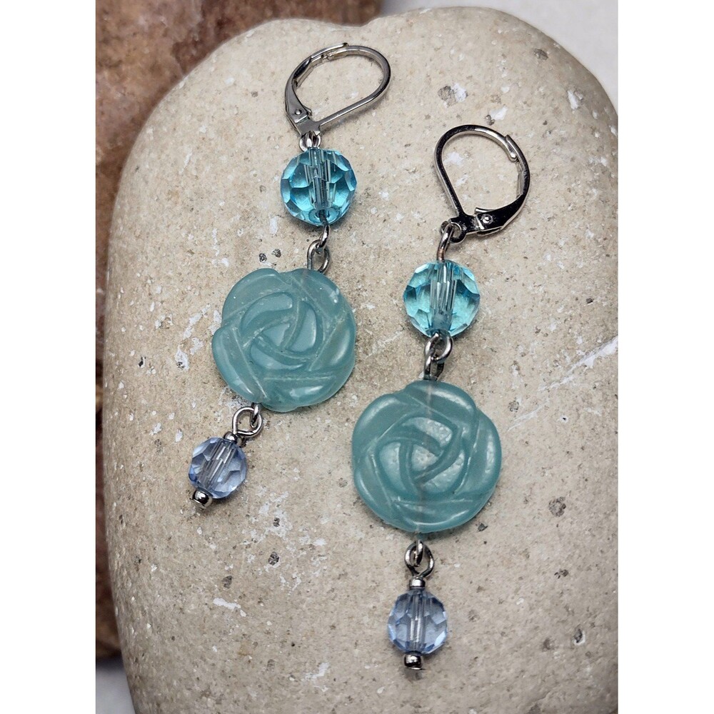 Blue Stone Carved Flower Crystal Beaded Dangle Earrings - Picture 7 of 7